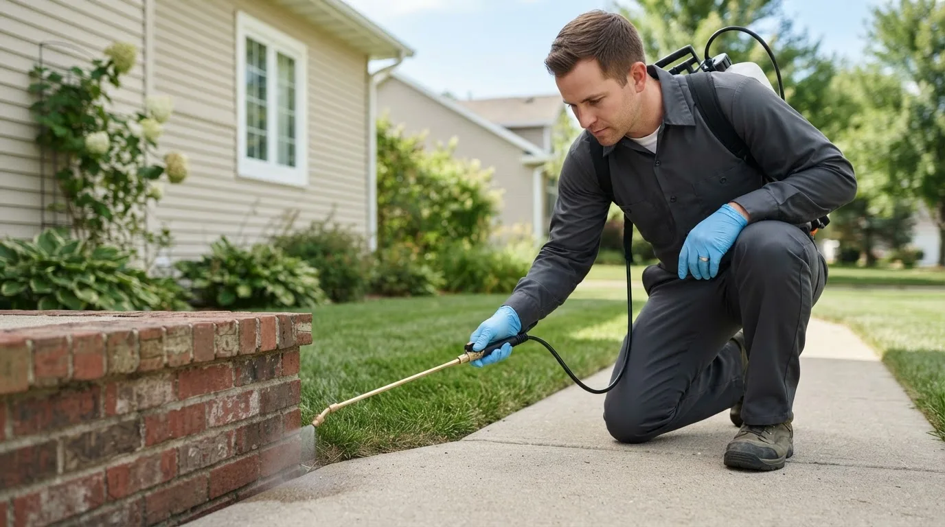 Pest control technician treating a home near Palermo, ND