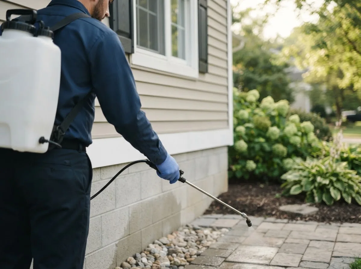 Pest control technician inspecting a home in Palermo, ND